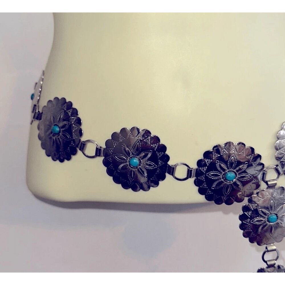 Boho Western Silver metal & faux turquoise bead concho belt - Picture 3 of 5